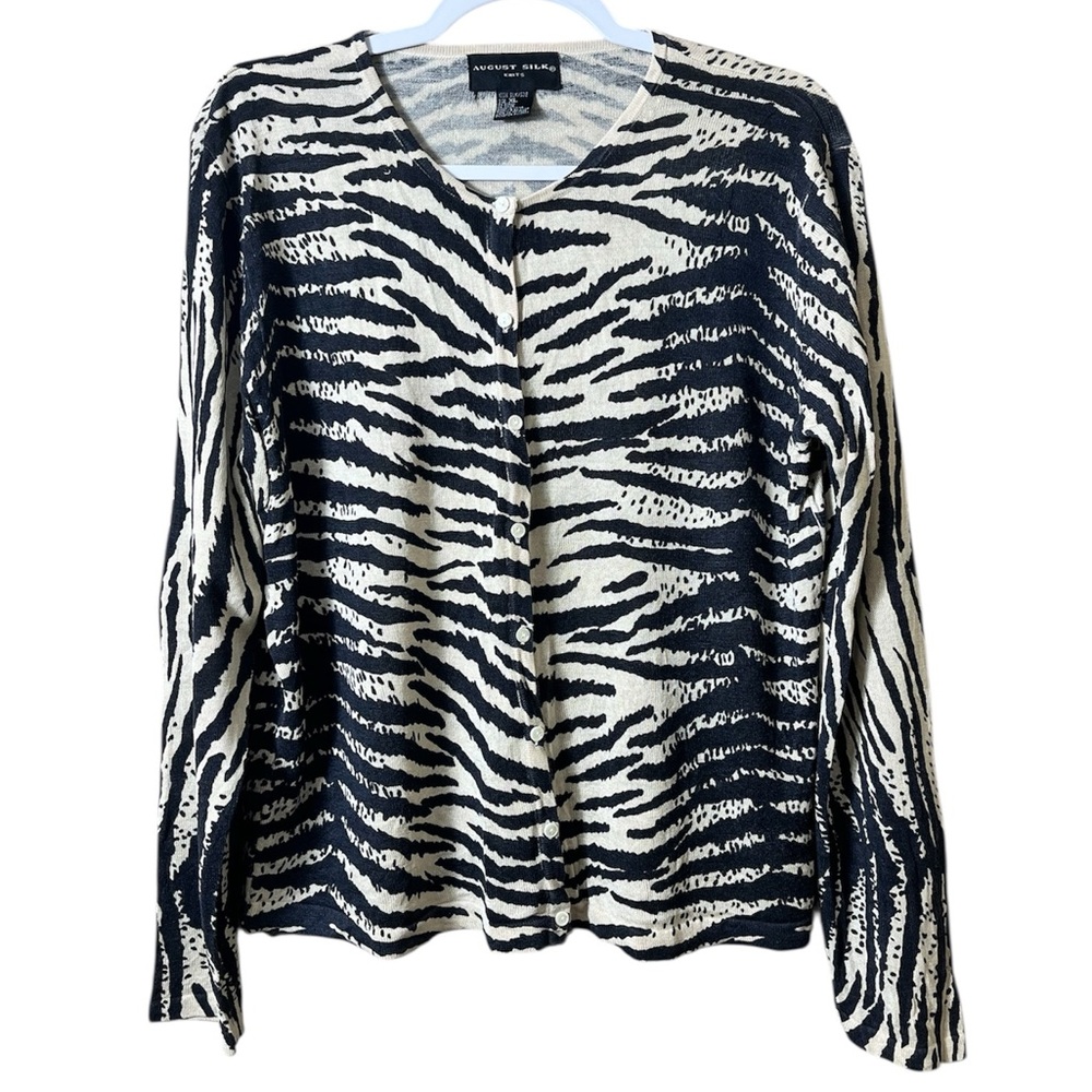 August Silk‎ 100% Silk Zebra Print Cardigan XL Quiet Luxury Minimalist Knit